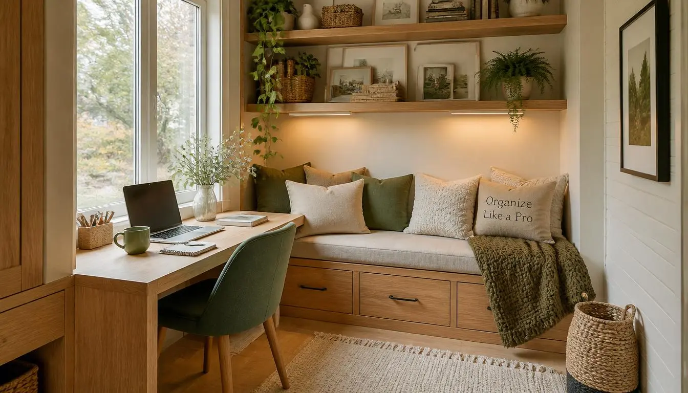 Cozy DIY Study Corner Design Ideas Comfortable DIY study nook with built-in seating, storage, and warm decorative accents.