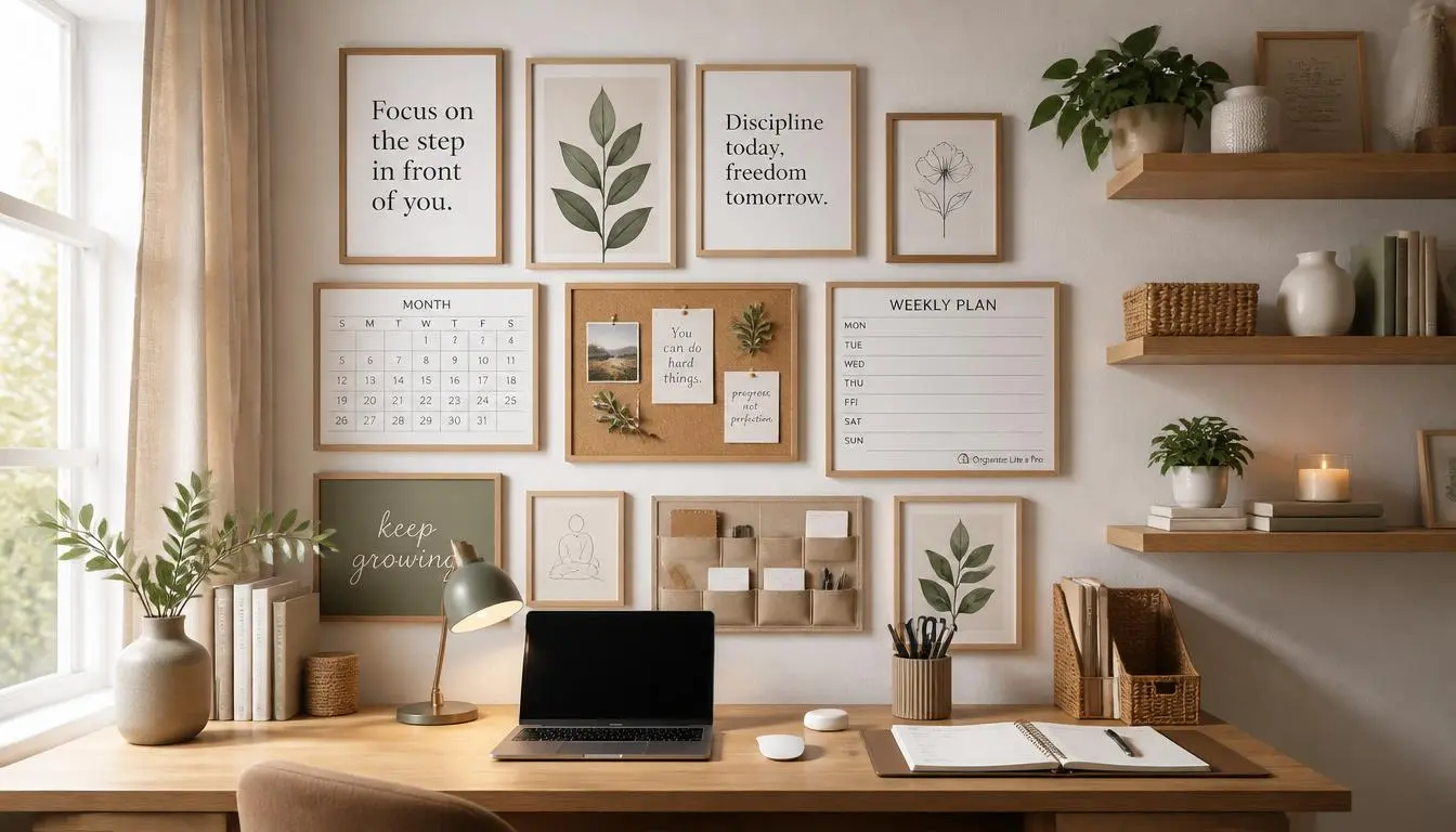 DIY Gallery Wall Ideas for Study Room Decor Personalized DIY gallery wall featuring framed artwork and motivational prints above a study desk.