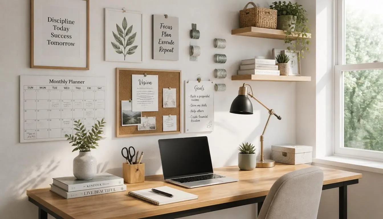 DIY Inspirational Study Wall Decor Ideas DIY inspiration wall with framed quotes, planner, corkboard, and minimalist wall decor.