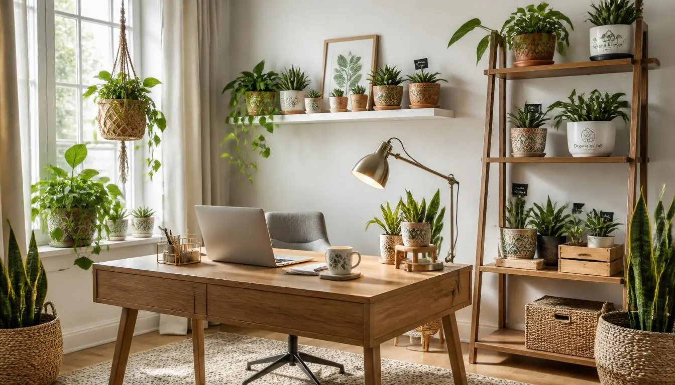 DIY Indoor Plant Decor for Study Rooms Bright study room decorated with DIY planters, indoor plants, and minimalist workspace styling.