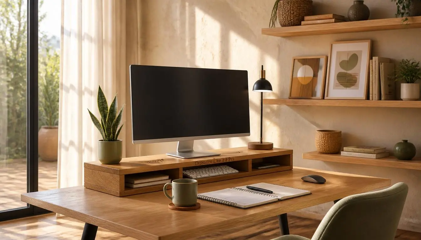 DIY Wooden Monitor Stand for Better Desk Organization Handmade wooden monitor stand creating extra desk storage and improving workspace ergonomics.