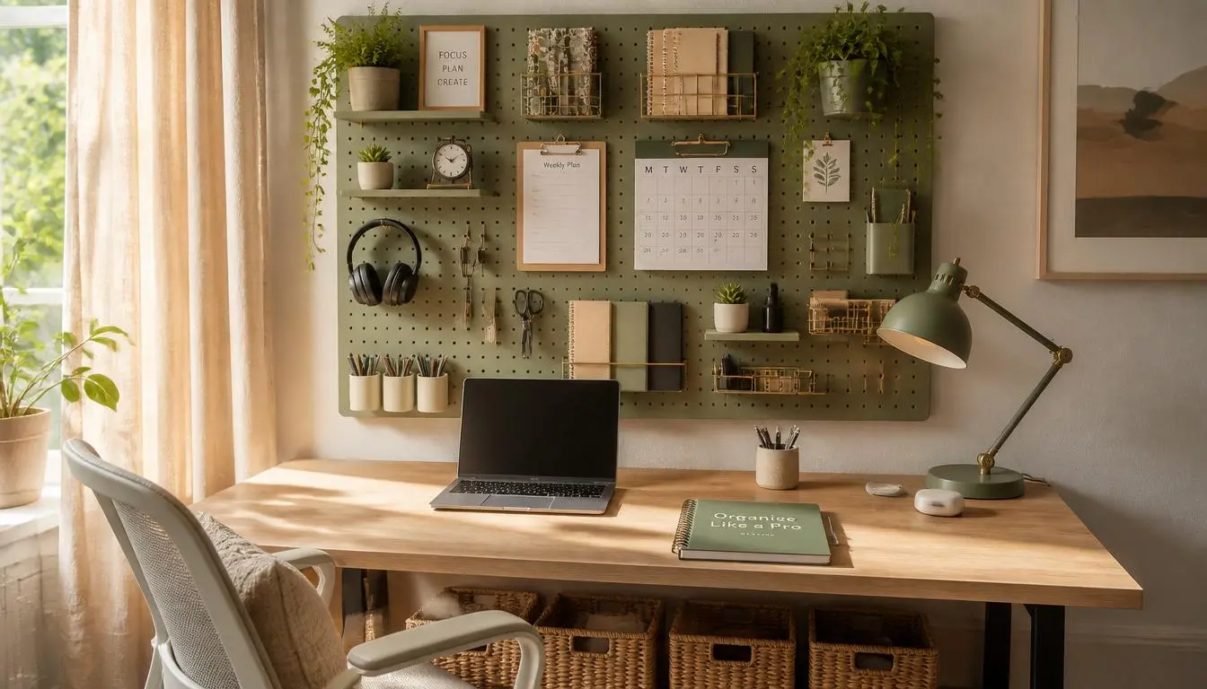 DIY Pegboard Wall Organization for Study Room Custom DIY pegboard wall with organized office supplies above a modern study desk.