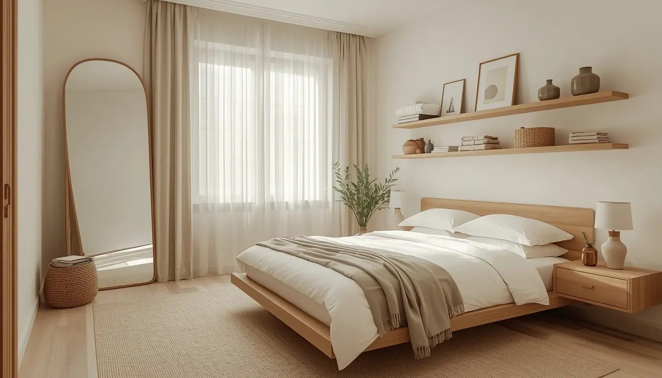Mirror Ideas That Add Depth to a Small Guest Room Full-length mirror reflecting natural light inside an organized small guest bedroom.