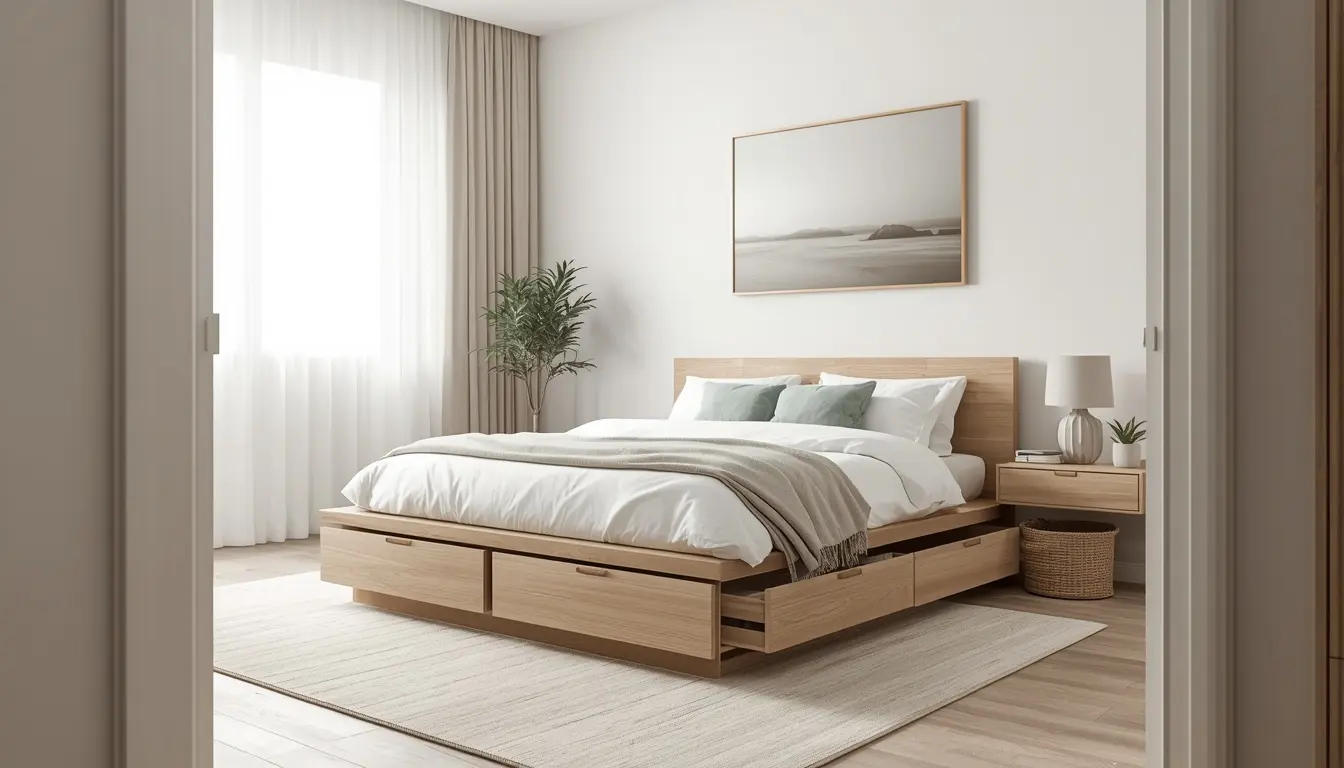 Choose the Right Bed for a Small Guest Room Low-profile platform bed creating more floor space in a small guest room with organized storage.