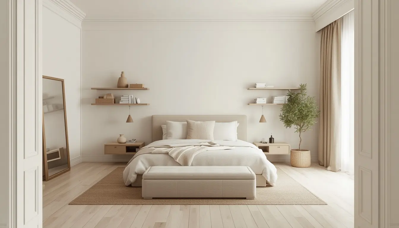 Minimal Furniture for a Spacious Guest Room Minimalist small guest room with essential furniture and clutter-free organization.