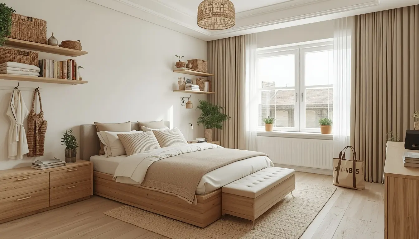Smart Storage Ideas for Small Guest Rooms Organized small guest room featuring floating shelves, woven baskets, and hidden storage solutions.