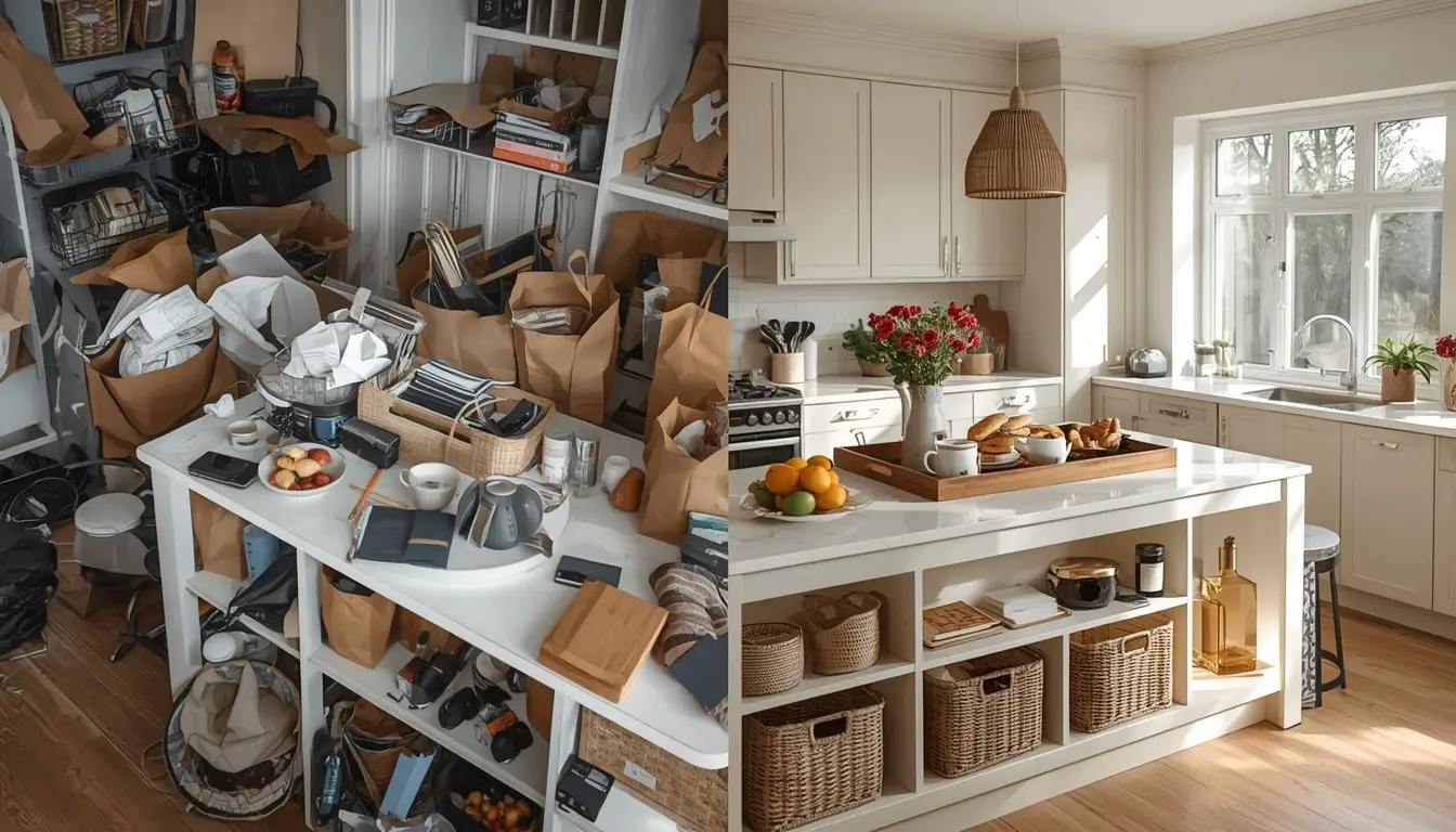 Breakfast Island Organization Before and After Before and after comparison of a cluttered and organized breakfast island in a modern kitchen.