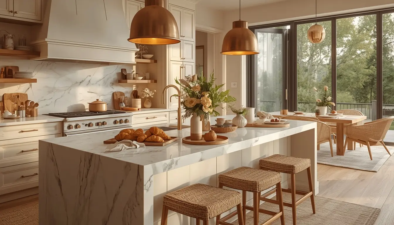 Luxury Cozy Breakfast Island Inspiration Luxury breakfast island with elegant decor, warm lighting, fresh flowers, and organized styling.