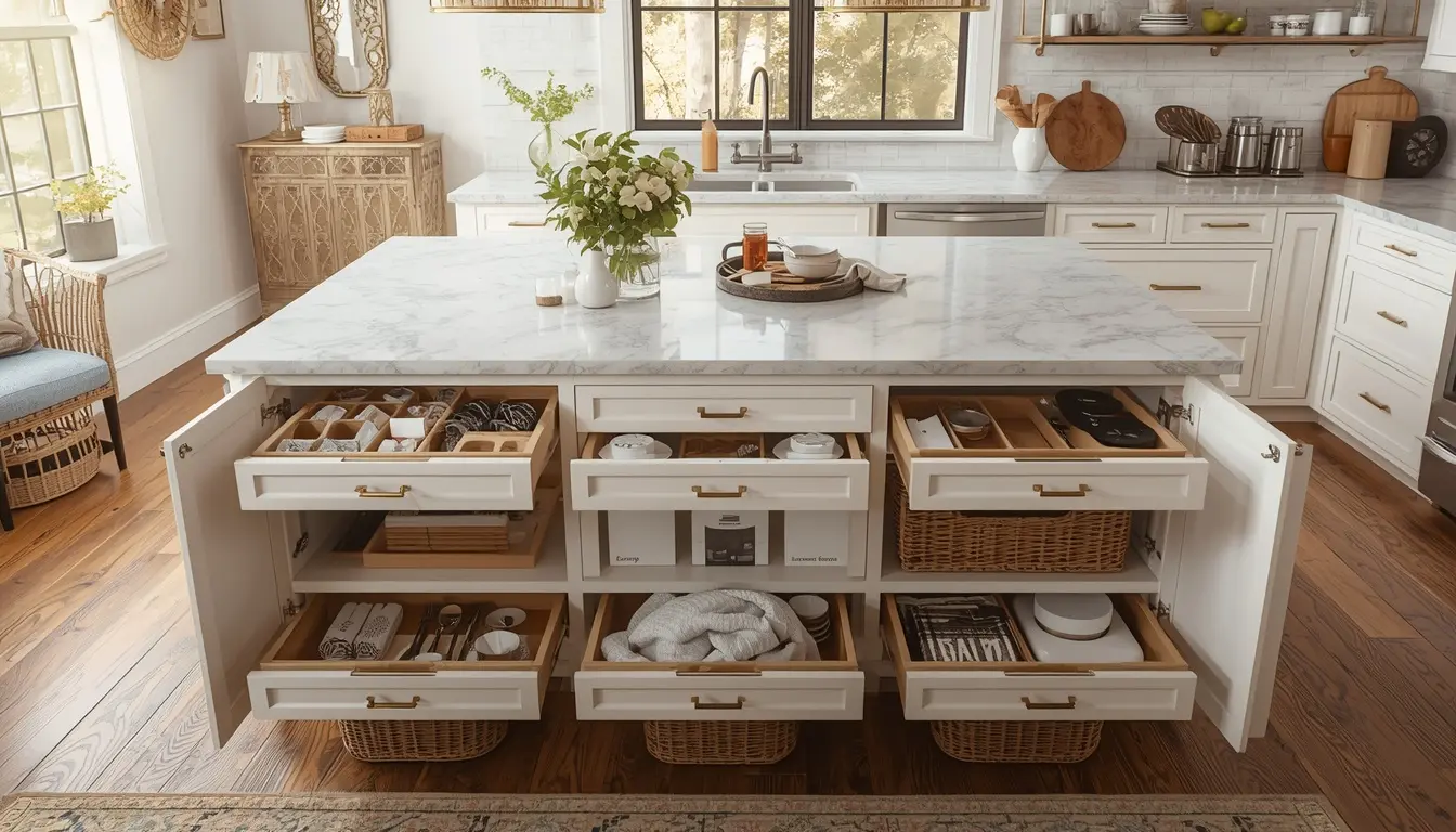 Kitchen Island Storage Solutions Kitchen island featuring hidden drawers, organized storage, and clutter-free countertops.