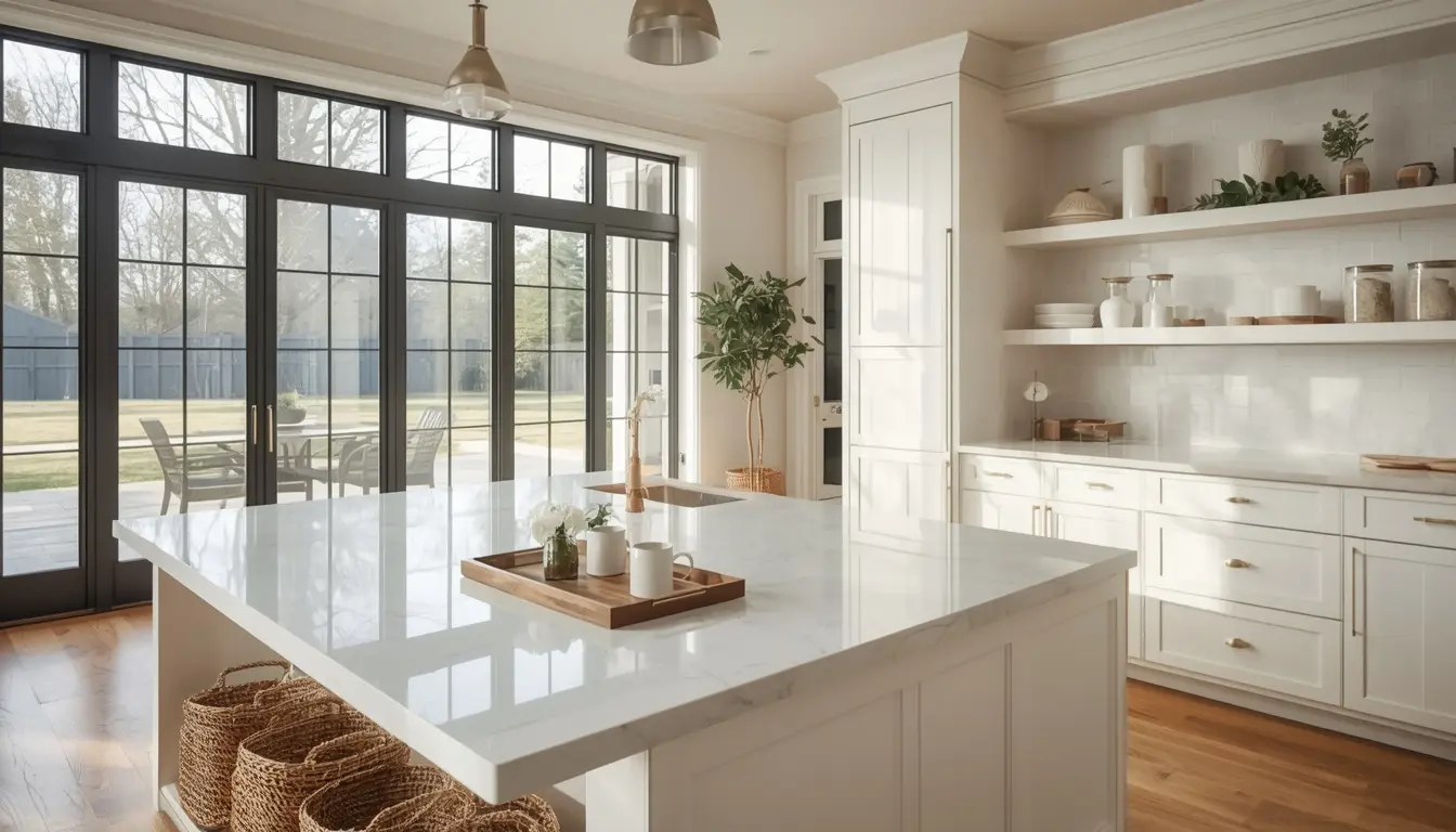 Minimal Kitchen Island Styling Minimal breakfast island with clear countertops, fresh flowers, and a simple coffee setup.