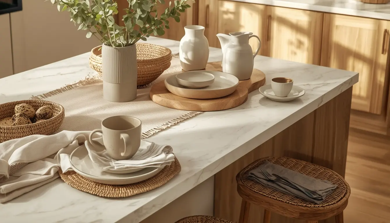 Cozy Kitchen Decor with Natural Textures Kitchen island decorated with linen, wood, woven baskets, ceramic dishes, and natural textures.