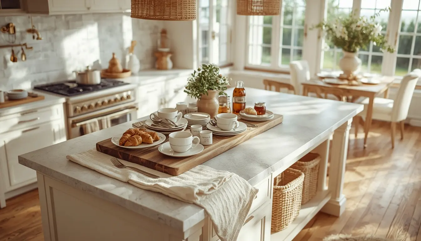 Breakfast Island Styling Ideas Organized breakfast station with coffee mugs, pastries, wooden tray, and linen napkins on a kitchen island.