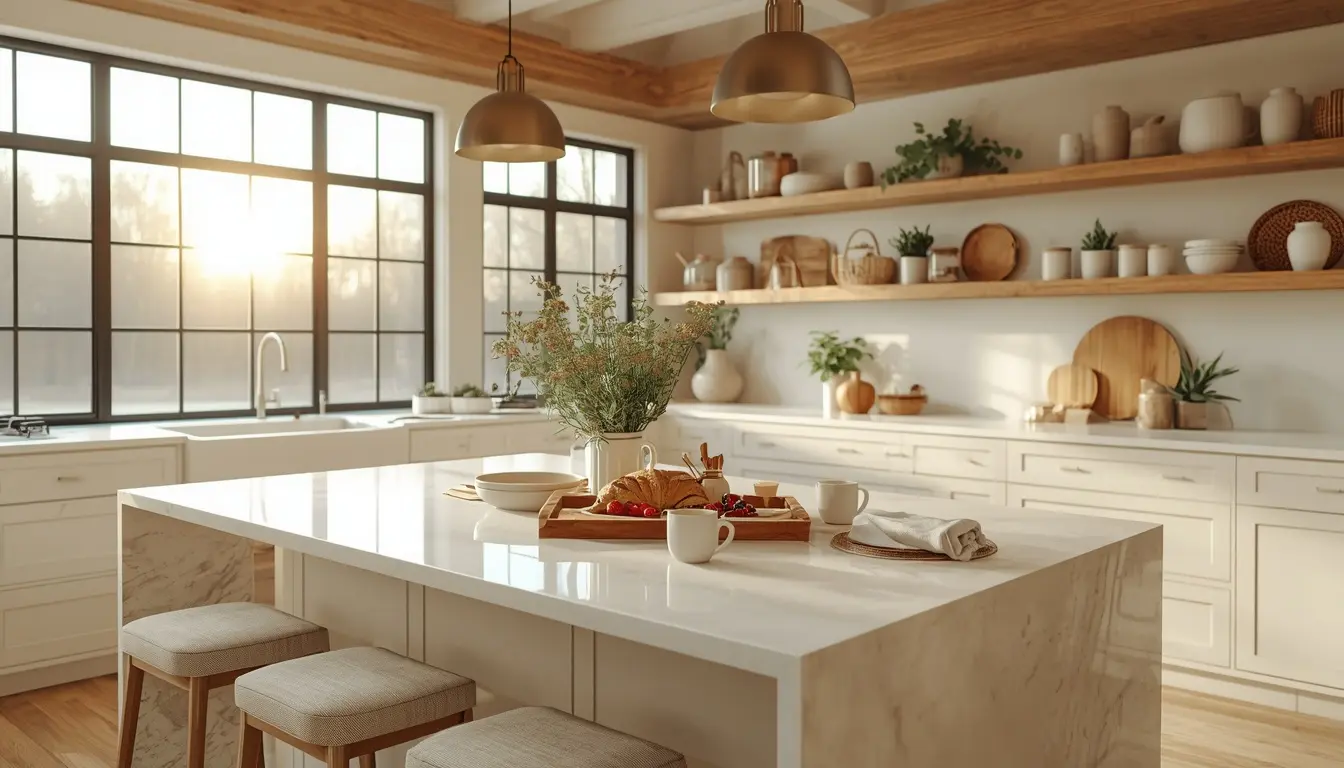 Cozy Breakfast Island Ideas Cozy breakfast island styled with coffee, pastries, and warm morning sunlight in a modern organized kitchen.