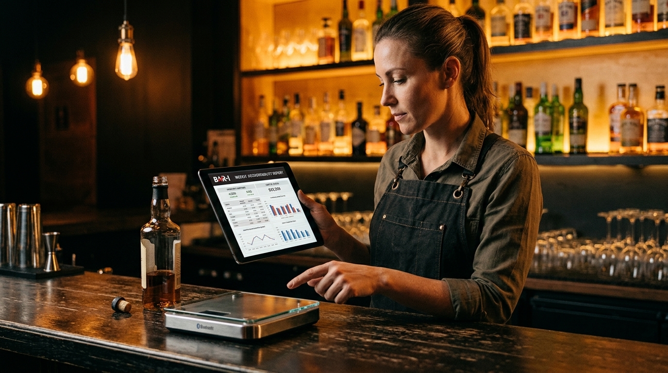 Bar manager holding a tablet showing a weekly accountability report