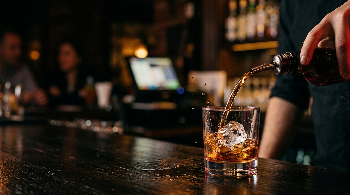 Whiskey being poured through a speed pourer into a glass on a dark bar counter, with a POS terminal glowing behind