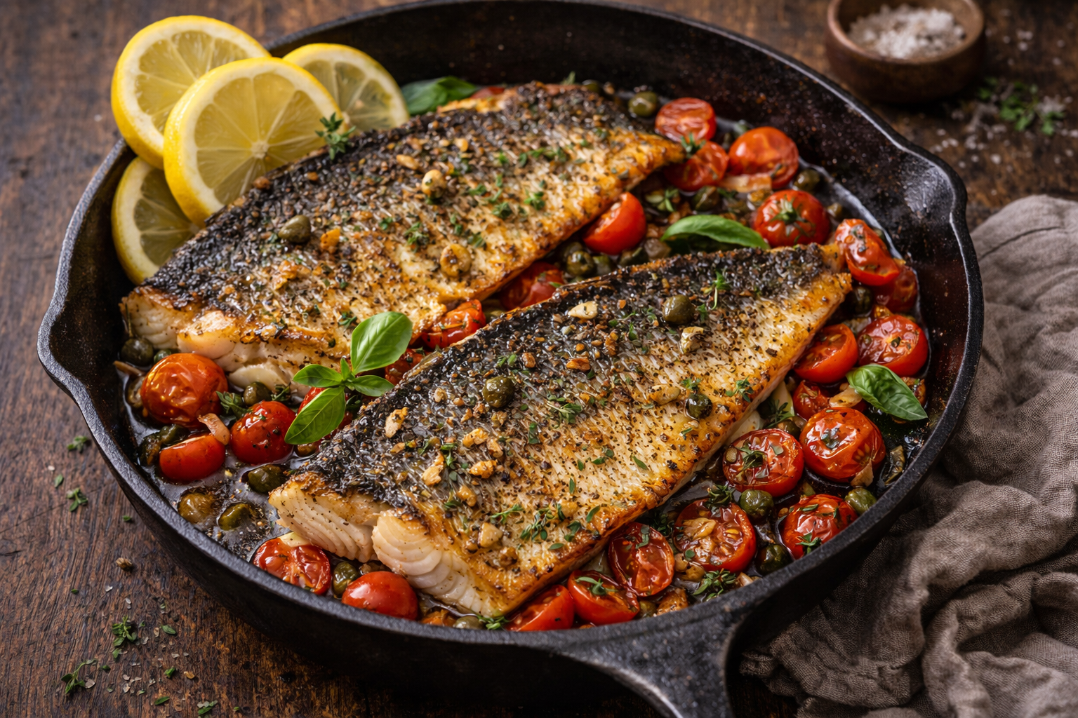 Crispy Pan-Fried Sea Bass with Cherry Tomatoes