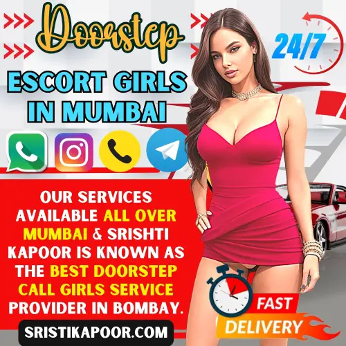 Banner Image of Mumbai Escorts Home Delivery - posing in the banner Srisiti Kapoor Mumbai Escorts agency Top Escorts background a Car speeding to a Hotel for Delivery. A Banner Text reads, Our Services are available all over Mumbai & Srishti Kapoor is known as the best doorstep call girls service provider in Bombay. Also mention Fast Delivery, 24/7 Services and book appointments via WhatsApp, Call, Instagram or Telegram.