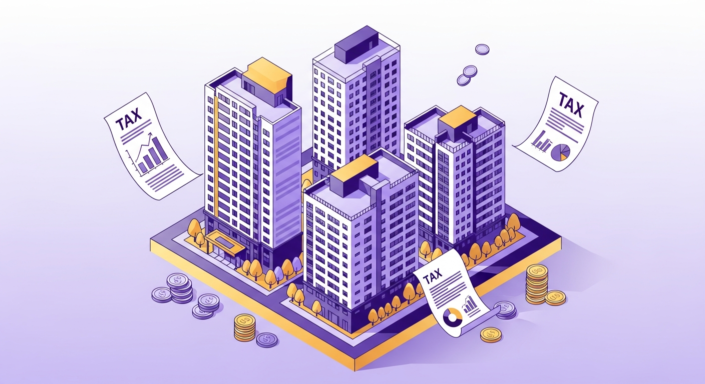 취득세 세율과 아파트 모형을 표현한 입체 일러스트