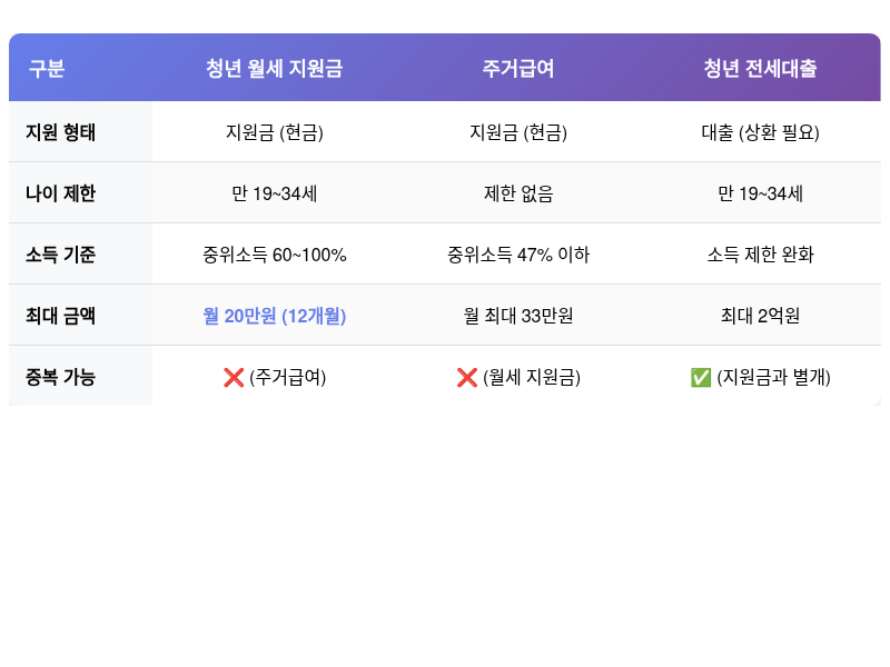 청년 월세 지원금과 다른 주거 지원 제도 비교표