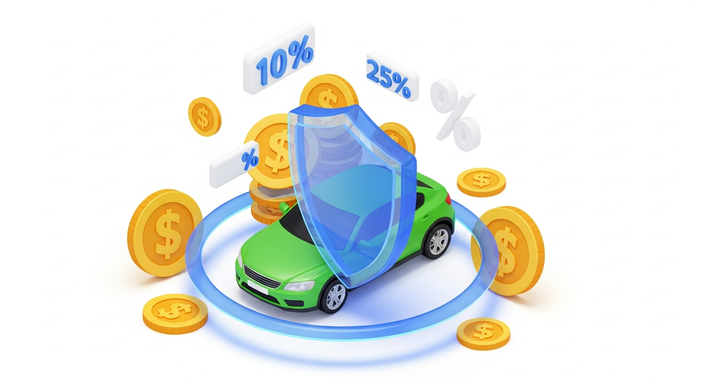 자동차보험료절약 개념을 표현한 차량과 방패, 동전 일러스트