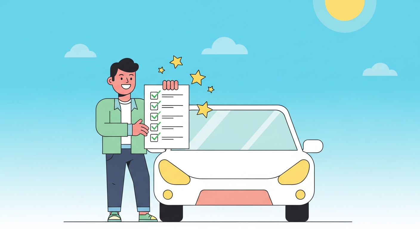자동차보험갱신 체크리스트를 확인하며 만족스러워하는 운전자