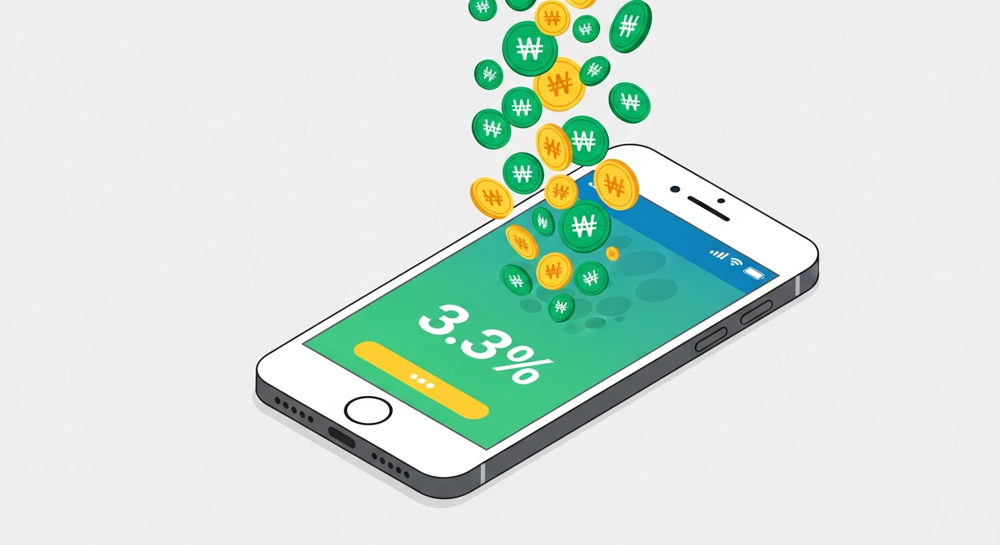 3.3% 원천징수 환급을 보여주는 스마트폰 세금 신고 앱 일러스트