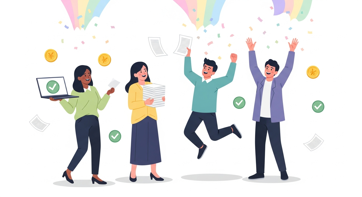 종합소득세 신고 완료 후 기뻐하는 직장인들 일러스트