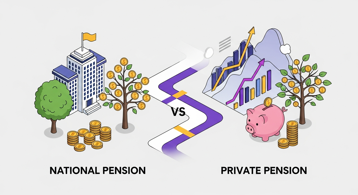 국민연금 vs 연금저축 비교 인포그래픽 - 두 가지 연금 전략 시각화