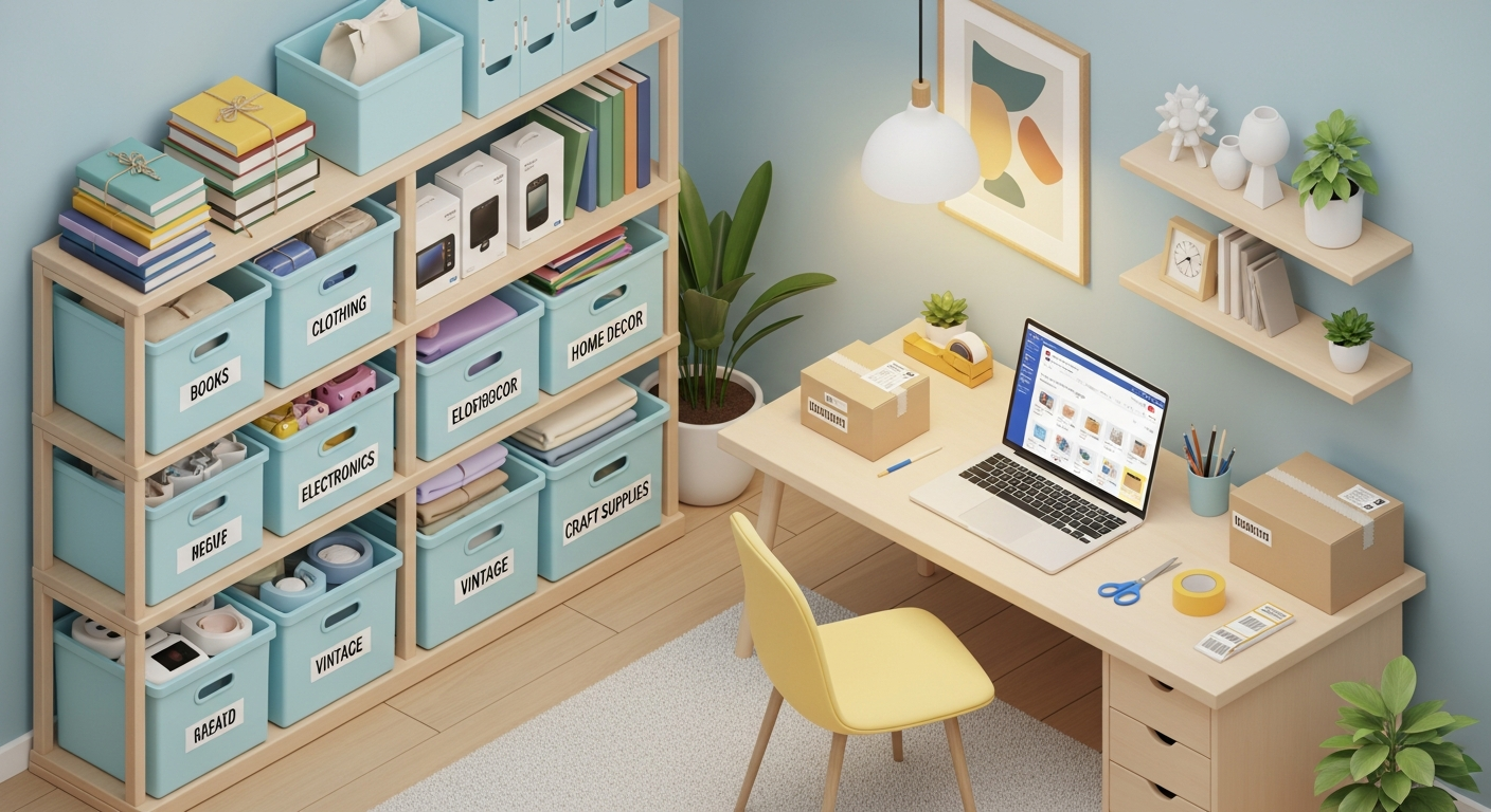 중고거래 물품을 체계적으로 정리하고 관리하는 작업 공간