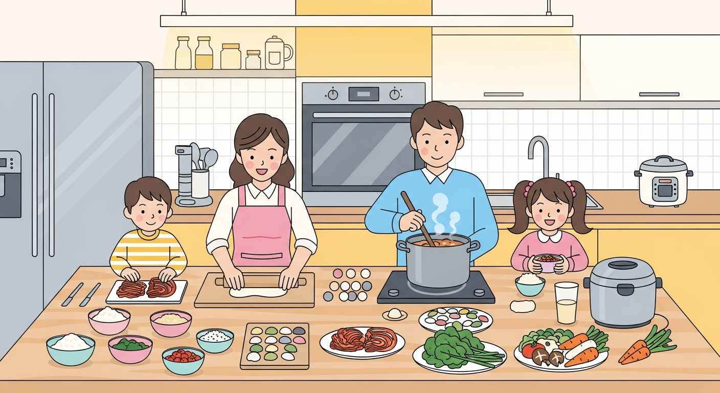 명절 음식 준비로 비용 절약하는 가족 일러스트