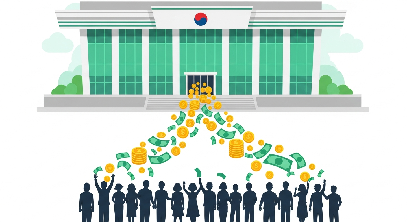 정부에서 국민에게 환급금을 돌려주는 개념을 시각화한 일러스트