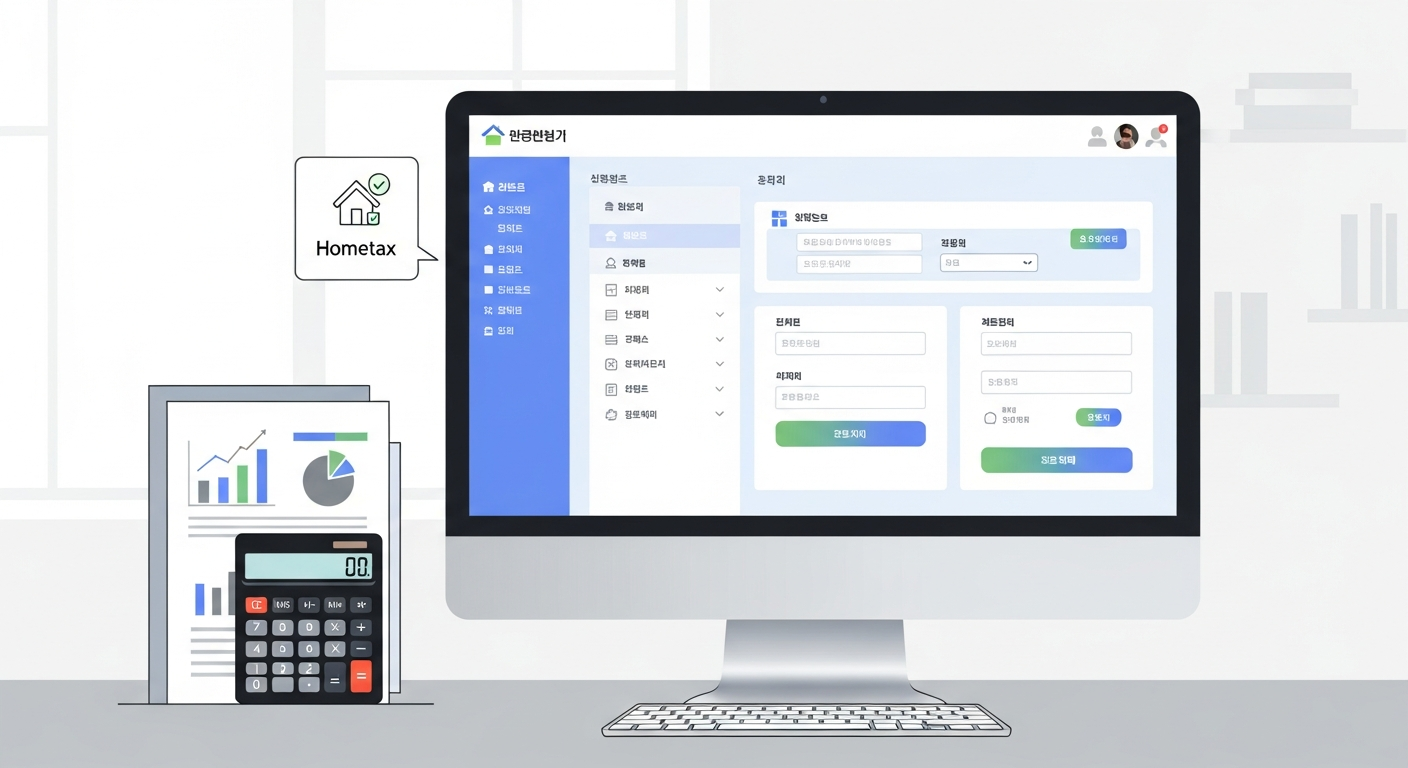 홈택스 웹사이트에서 세금환급금을 조회하는 화면을 보여주는 현대적인 일러스트