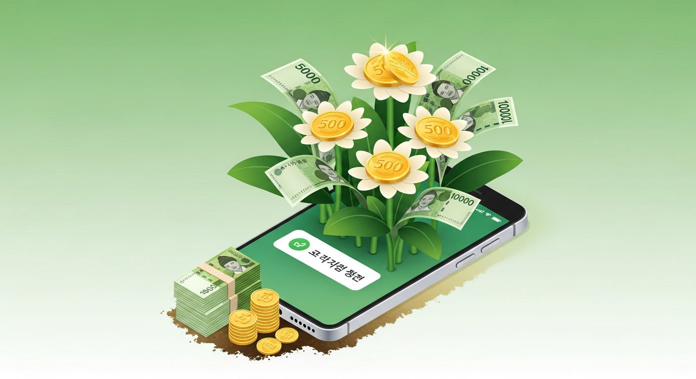 스마트폰에서 국세청 환급금 알림을 받고 돈이 자라나는 모습을 표현한 핀테크 일러스트