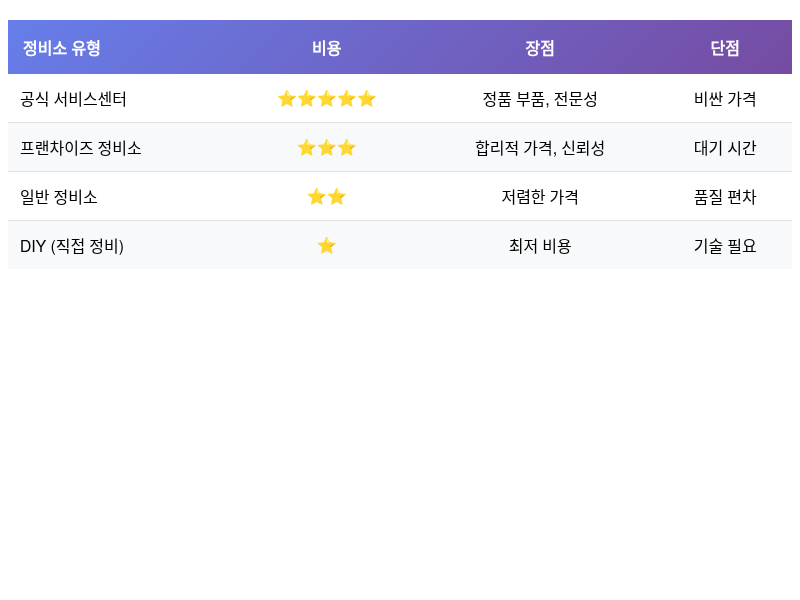 자동차유지비절약을 위한 정비소 유형별 비교 인포그래픽