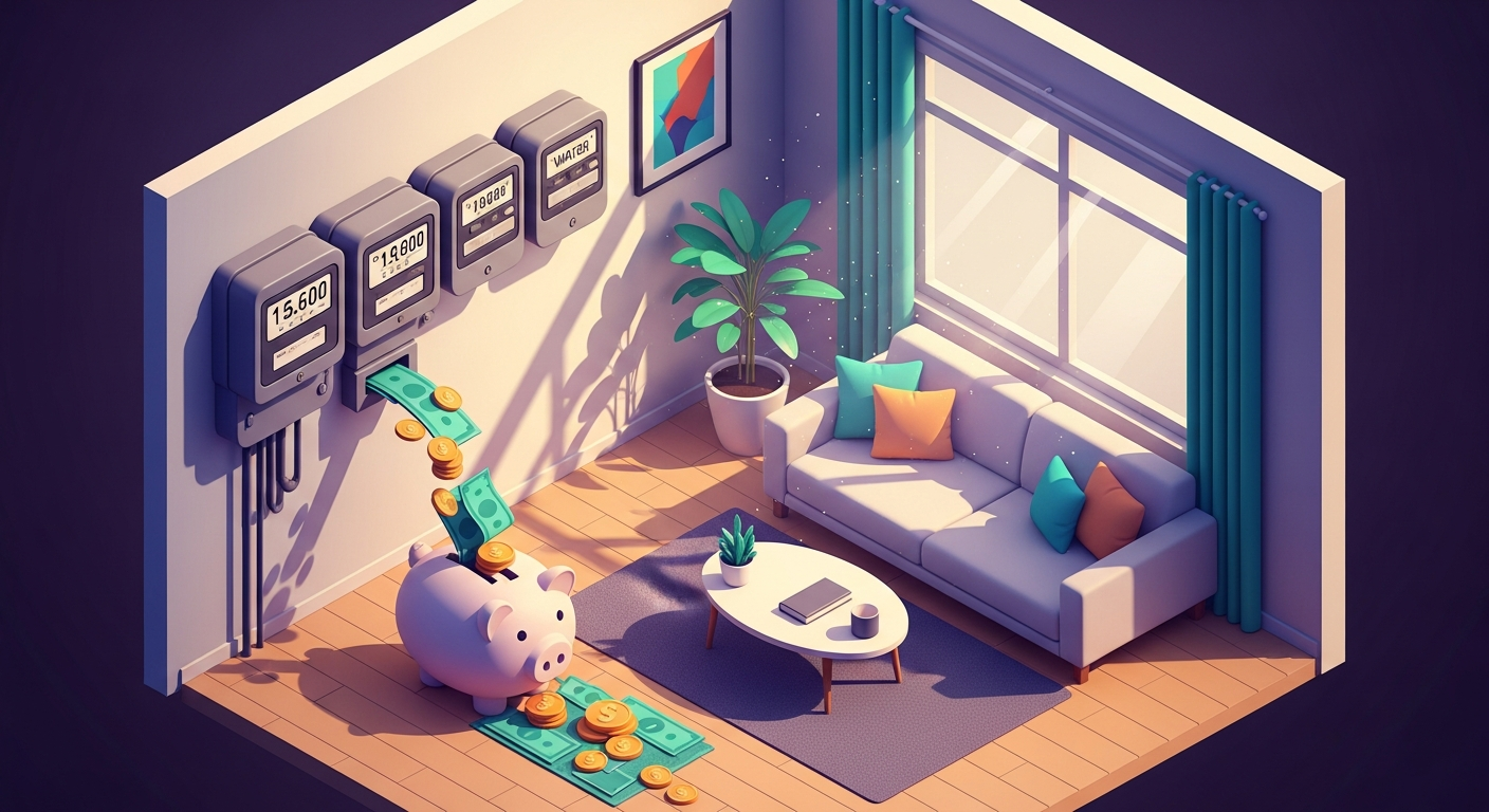 전기 가스 수도 계량기와 자동이체로 절약되는 돈이 저금통으로 들어가는 일러스트