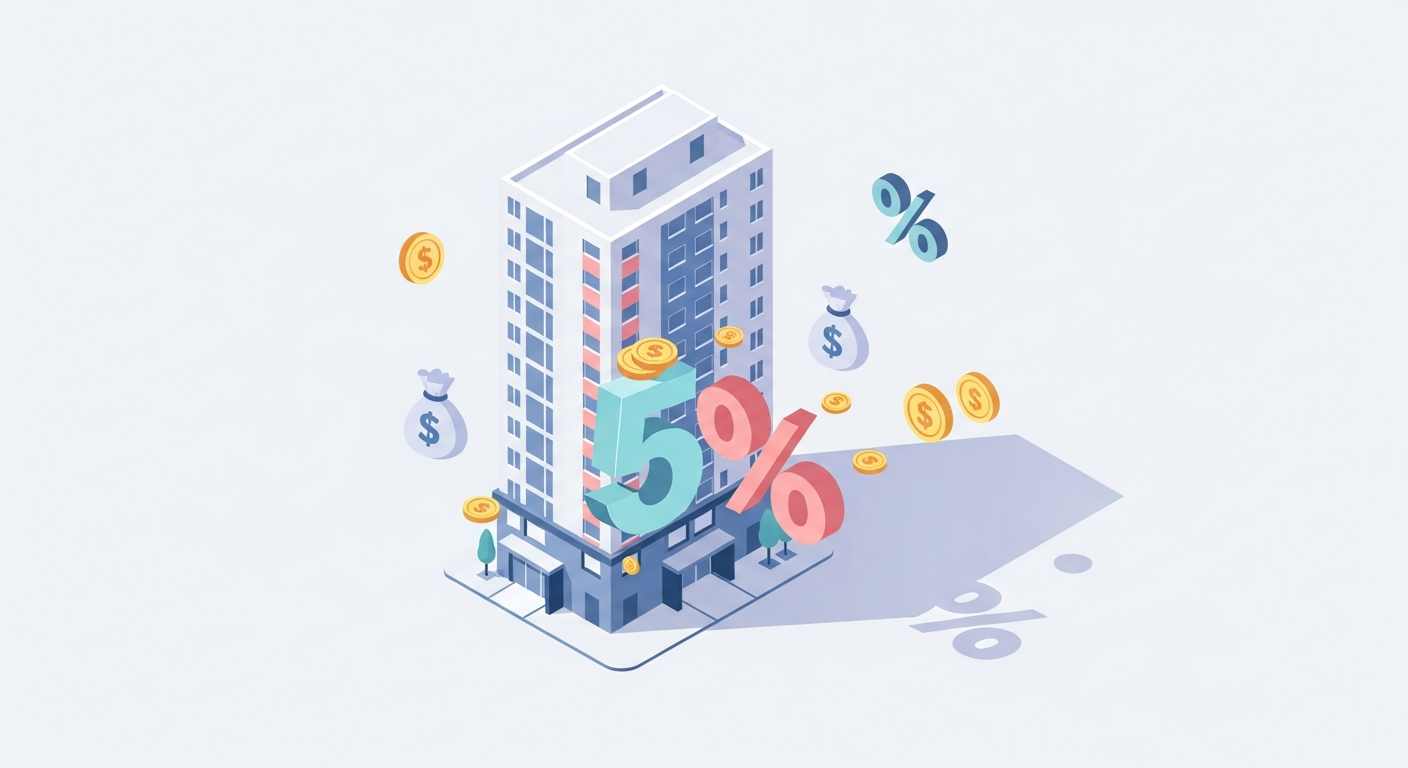 월세 5% 인상 제한을 시각화한 아파트와 퍼센트 기호 일러스트