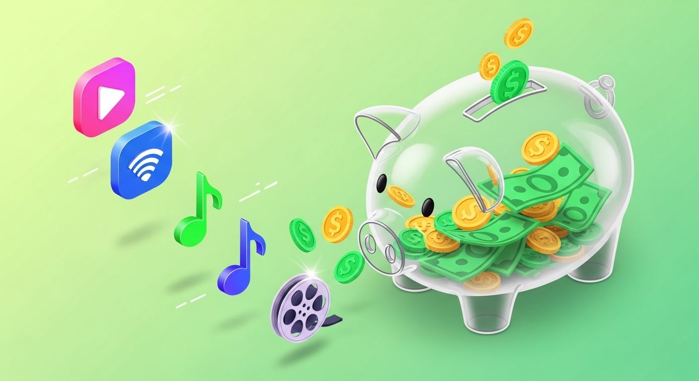 구독료 절약으로 돼지저금통에 돈이 쌓이는 모습의 일러스트