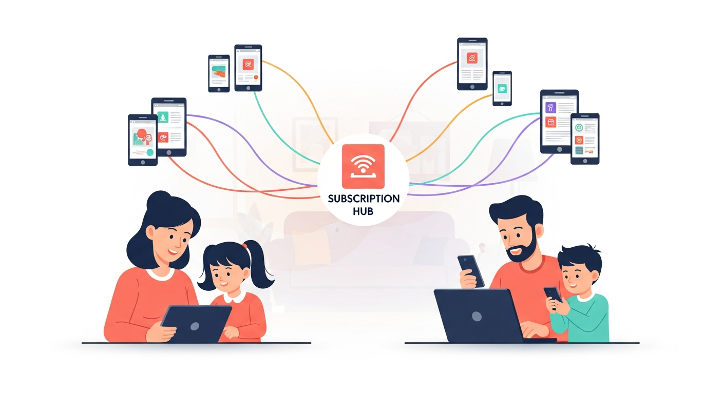 가족이 함께 구독서비스를 공유하는 모습을 나타낸 일러스트