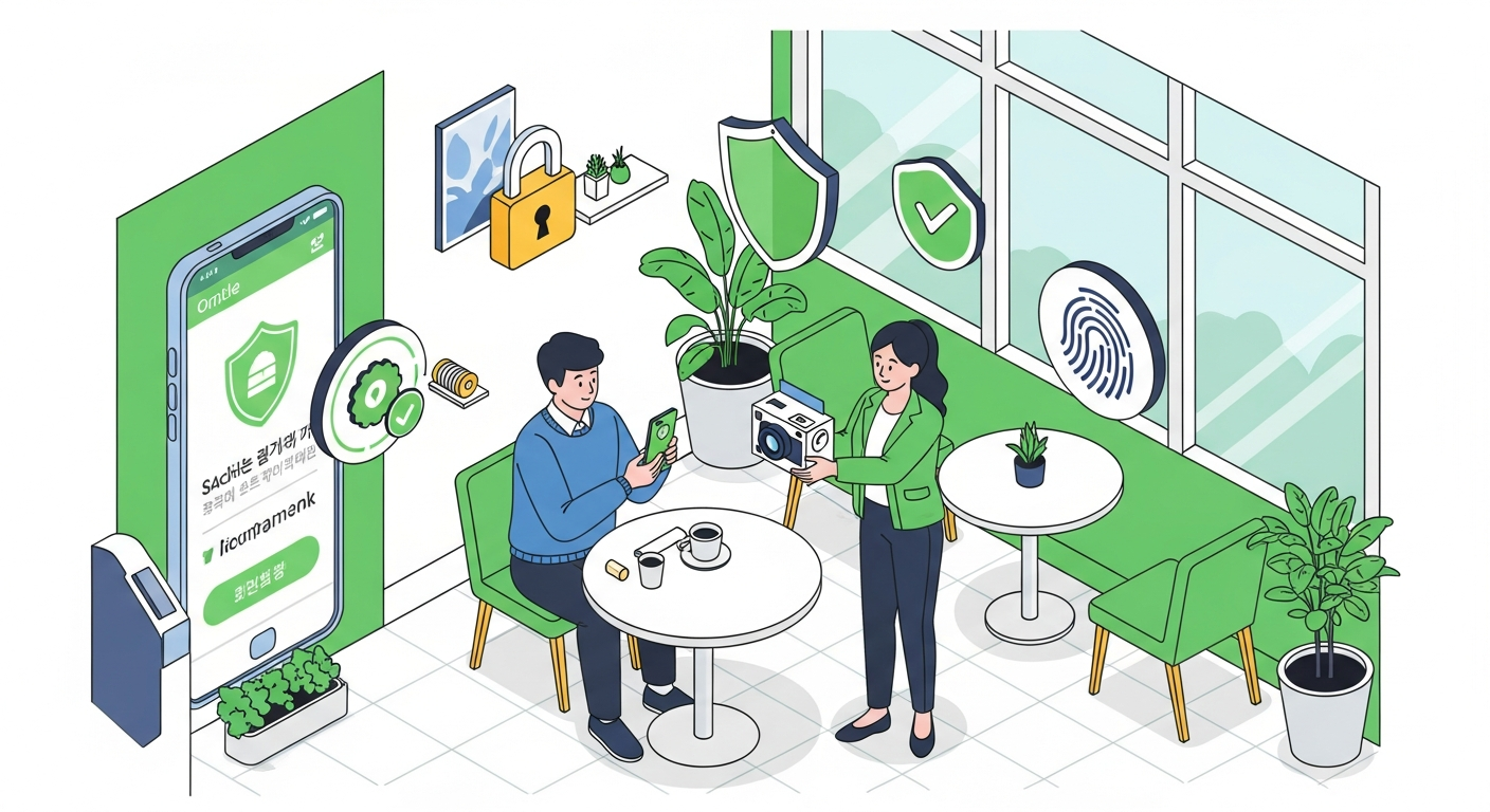 당근마켓 중고나라 안전거래 방법을 나타내는 대면 거래 장면 일러스트