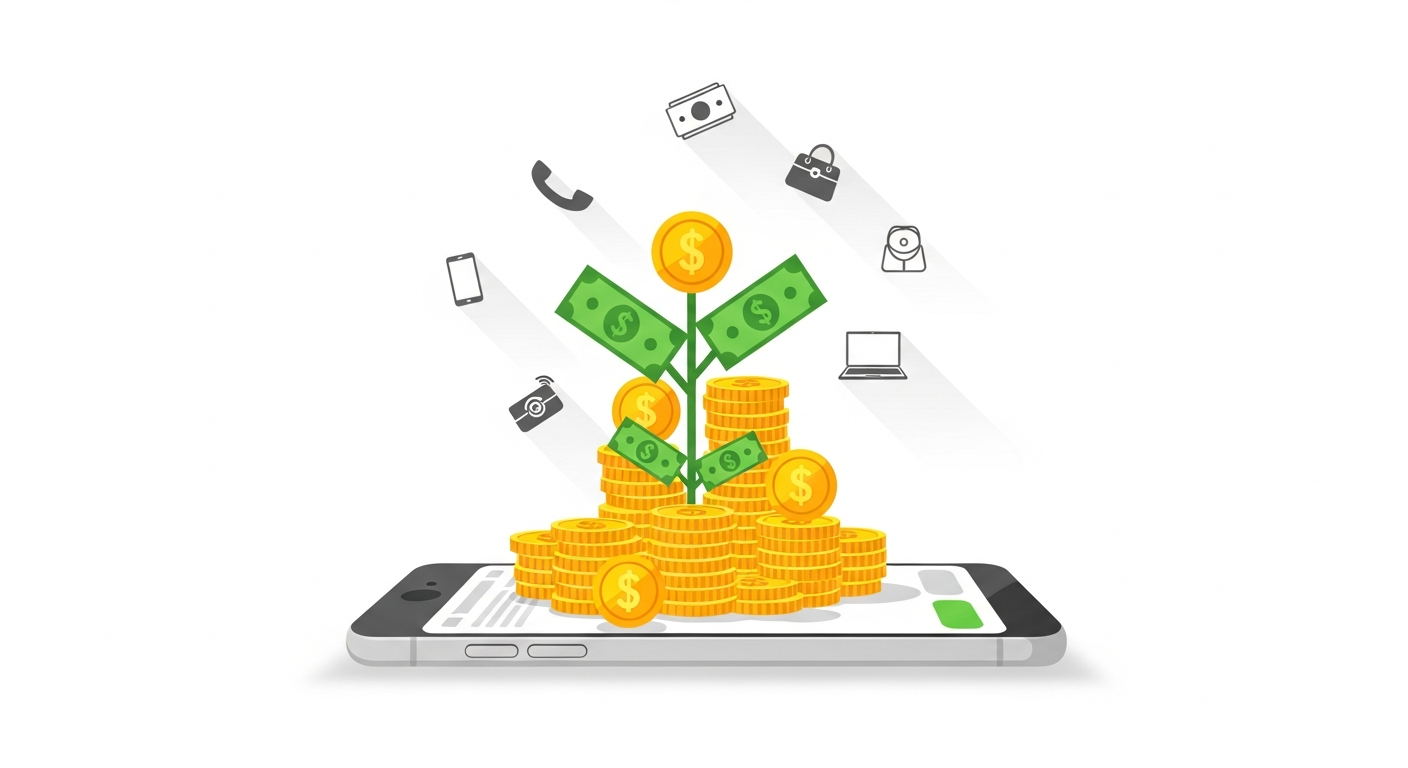 중고시장수익창출 성공을 상징하는 수익 증가 개념 일러스트