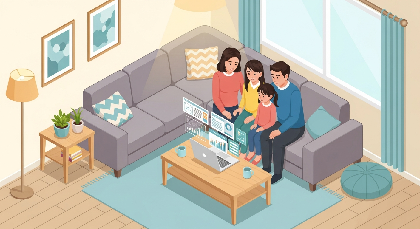 집에서 가족과 함께 온라인으로 주민등록등본을 발급받는 장면