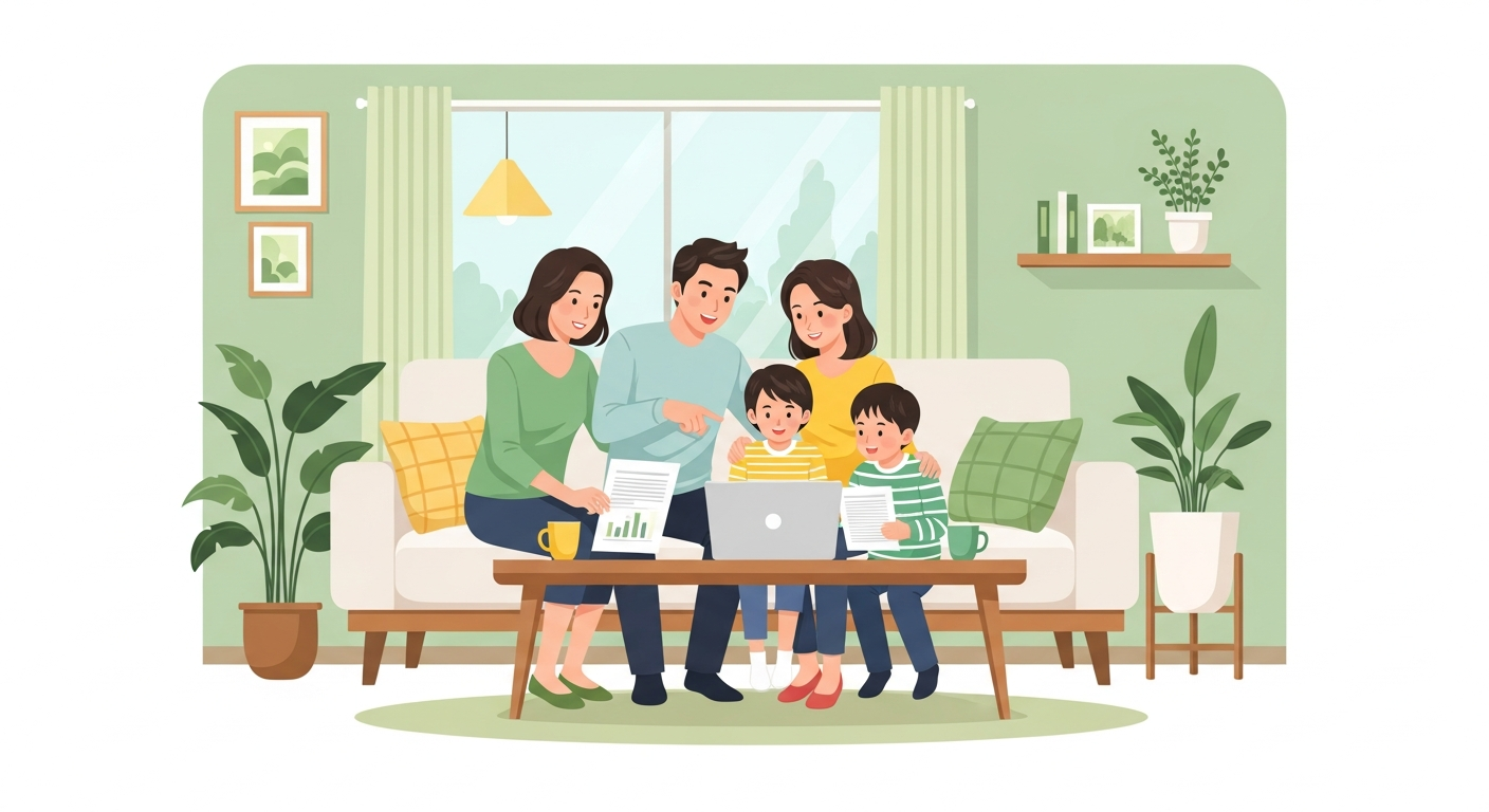 가족이 함께 휴면예금을 조회하고 환급받는 모습 일러스트
