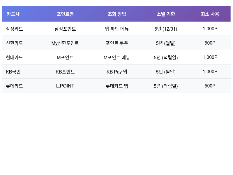 주요 카드사별 카드포인트통합조회 방법 비교표