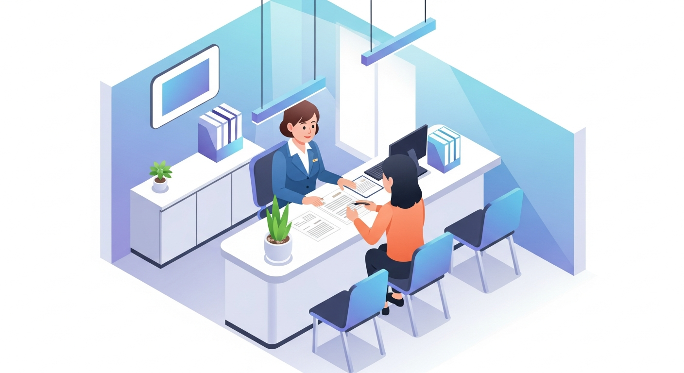 주민센터에서 전입신고 신청하는 모습을 표현한 아이소메트릭 일러스트