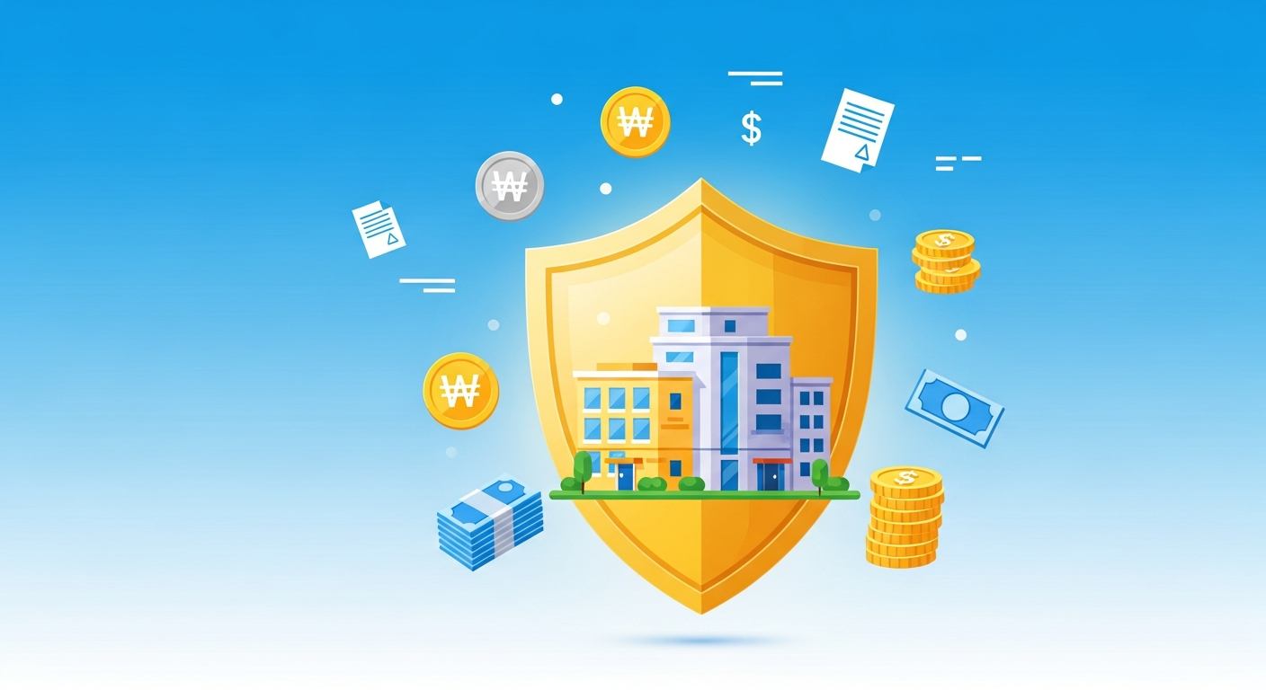 전월세 보증금 보호를 상징하는 방패와 아파트 일러스트