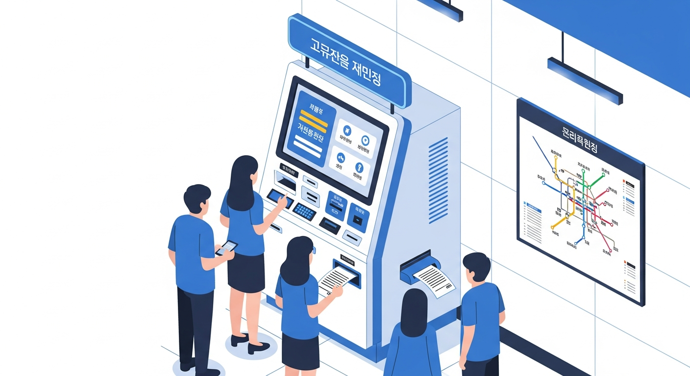 지하철역 무인발급기에서 주민등록등본을 무료로 발급받는 장면 일러스트