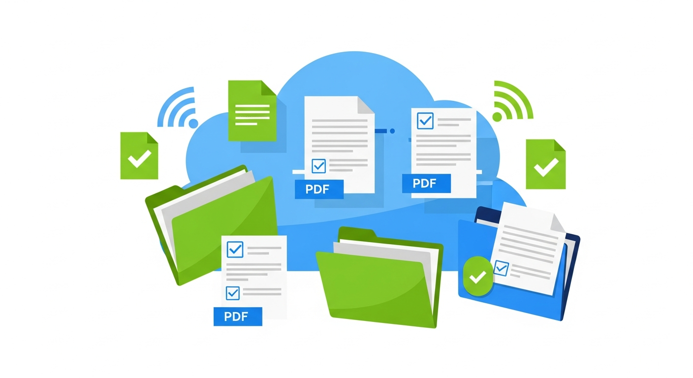 주민등록등본 PDF 파일을 클라우드에 저장하고 관리하는 개념을 표현한 일러스트