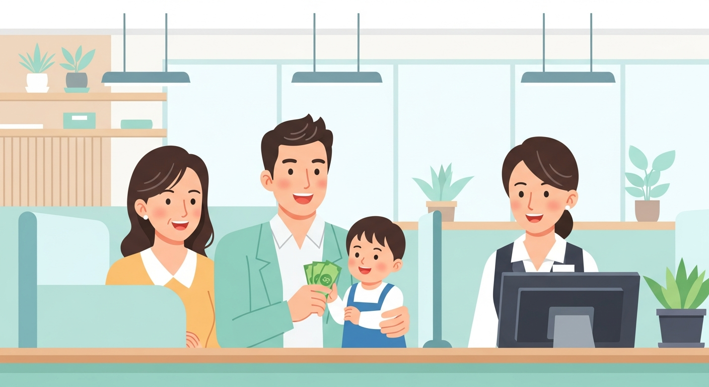 은행에서 휴면예금을 찾아가는 가족의 모습을 표현한 일러스트