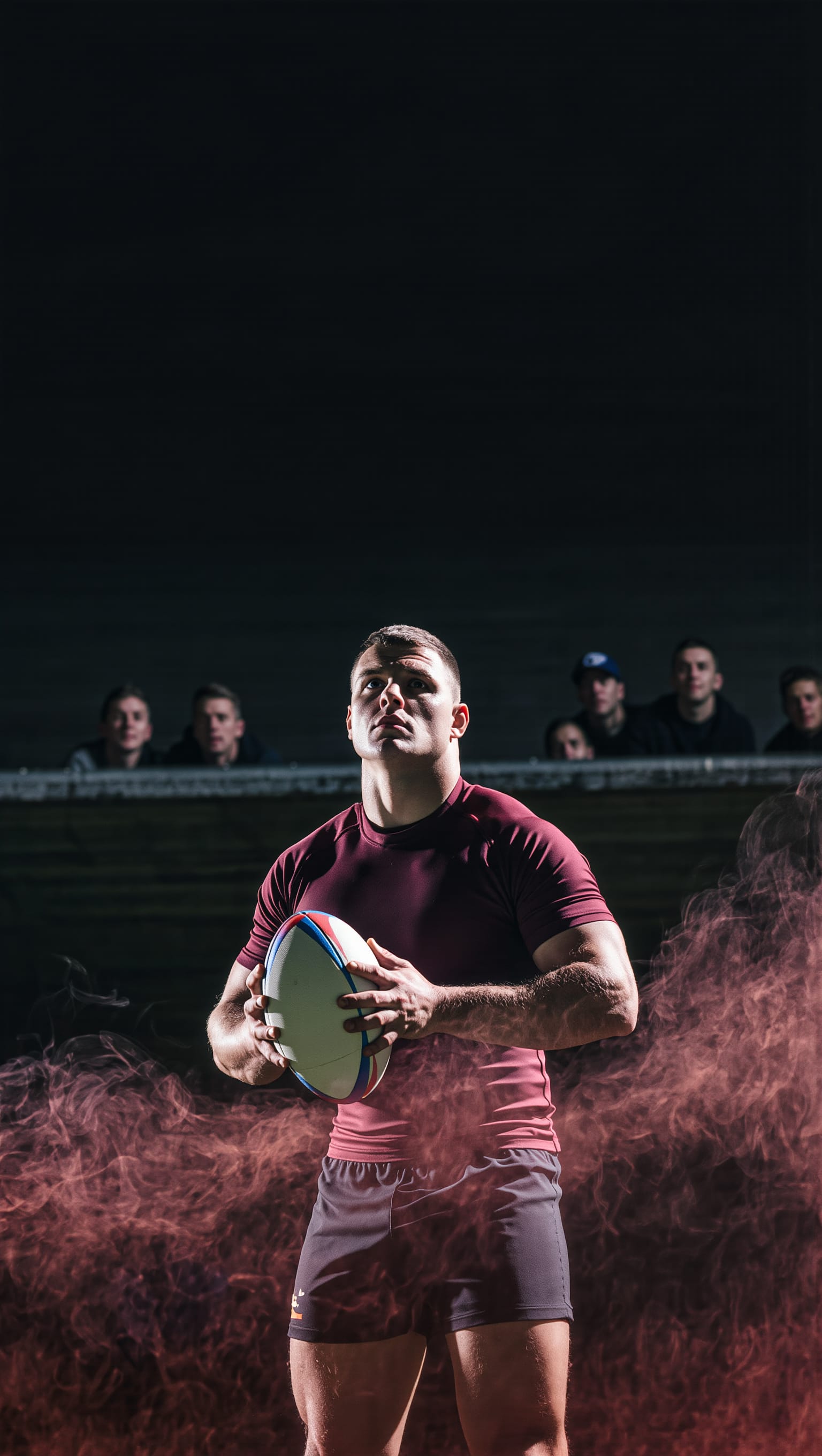 Rugby player in a dark stadium at night, set and ready