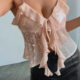 Blusa de tirantes rosa con volados y lentejuelas